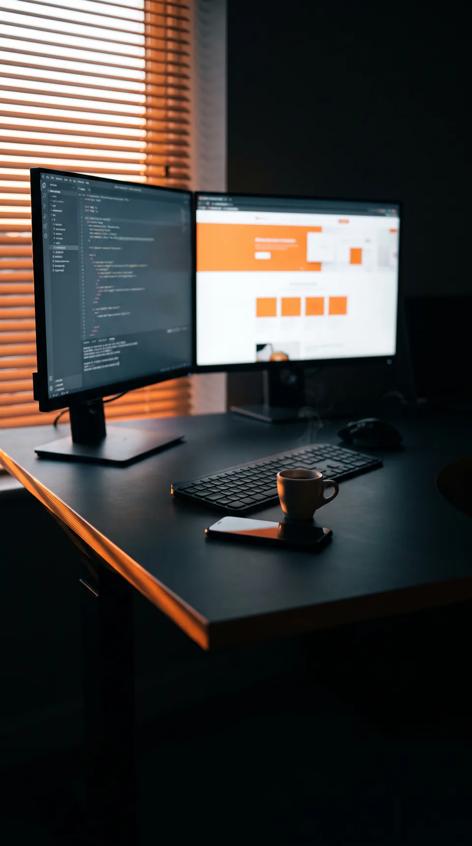 Een bureau bij het eerste licht, op het ene scherm wordt de site geschreven en op het andere staat de live preview open.